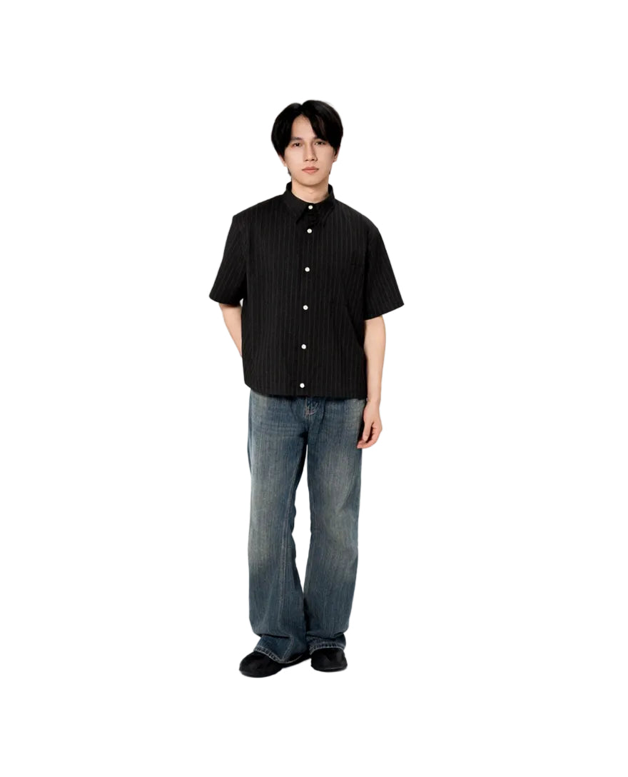 Muse Peach Pinstripe Black Relaxed Short Sleeve Shirt