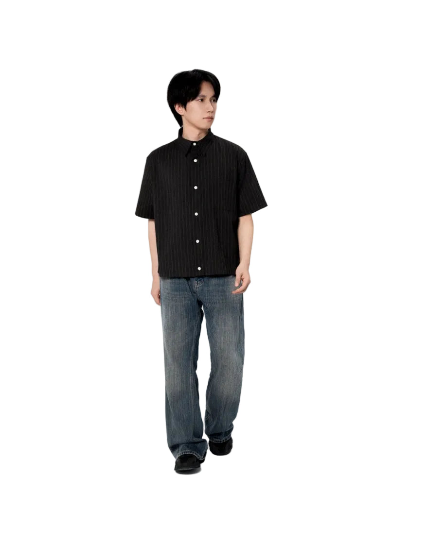 Muse Peach Pinstripe Black Relaxed Short Sleeve Shirt
